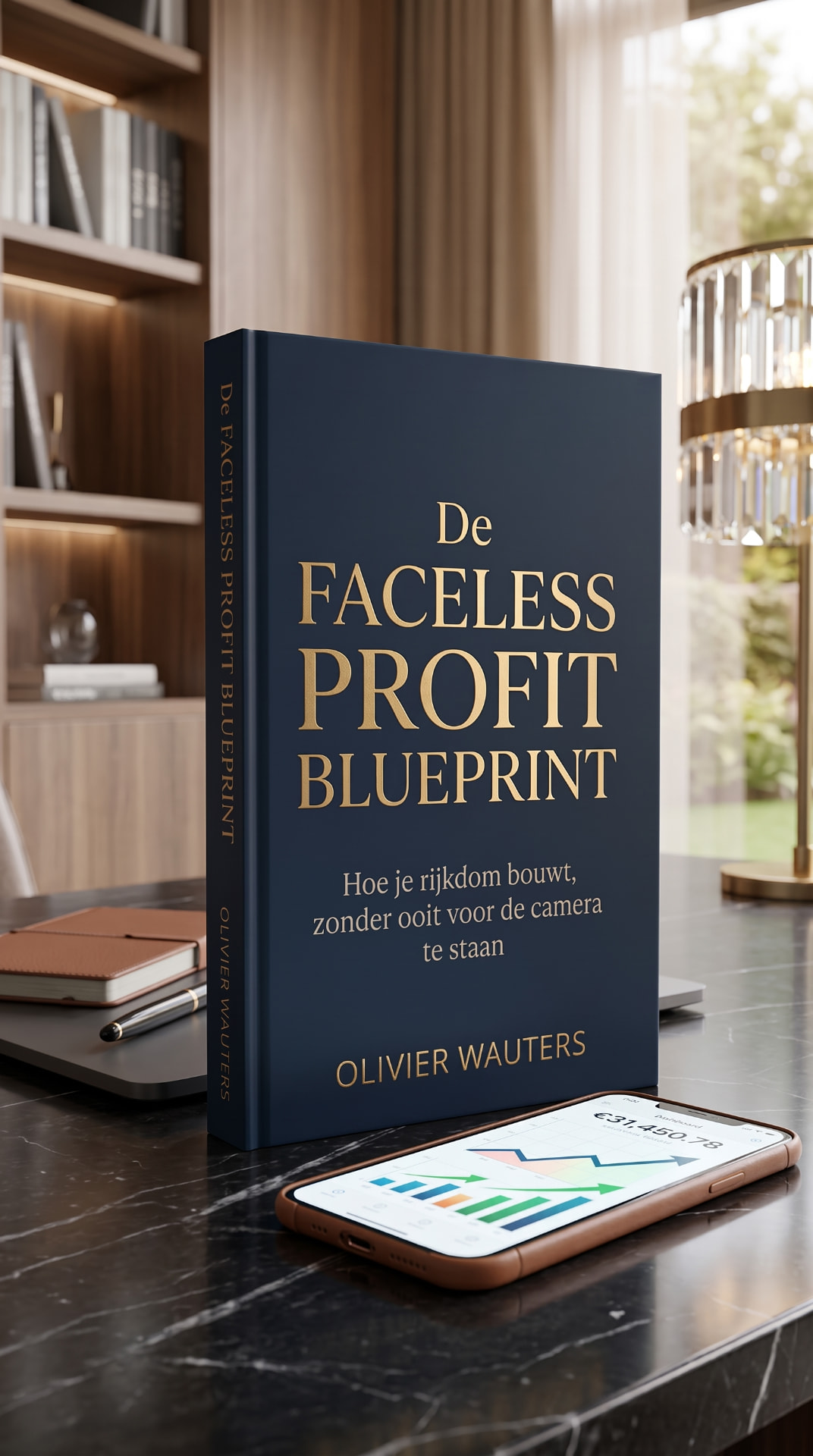 Het e-book De Faceless Profit Blueprint op een marmeren bureau naast een smartphone met groeigrafieken